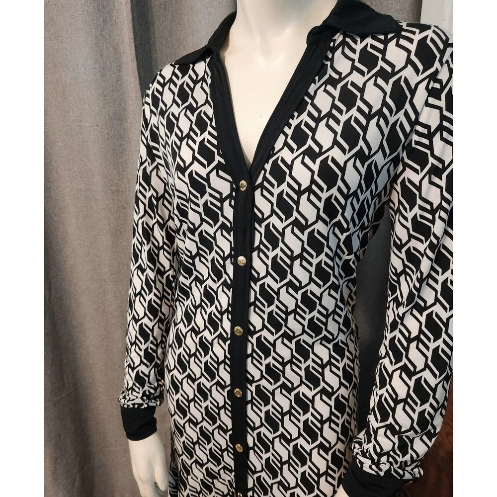 Michael Kors‎ Long Sleeve Navy Blue White Geometric Gold Button Up Midi Dress S